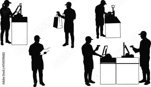 Silhouette vector illustration of cashier scanning products, customer shopping, barcode reader, checkout counter, payment process, retail service, purchase transaction, commerce.