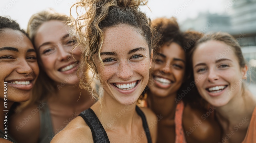 Obraz premium A joyful group of diverse friends smiling together outdoors, celebrating friendship and happiness.