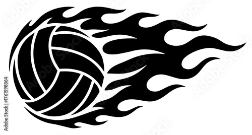 Volleyball Ball on Fire Black and White Silhouette, Flaming Sport Design, Hot Game Action Logo