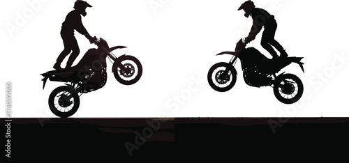 Silhouette vector illustration of motocross riders performing extreme motorcycle stunts and wheelies on dirt track showcasing action sport adventure.