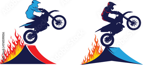 Silhouette vector illustration of motocross riders performing extreme stunts on dirt bikes jumping over ramps with fire flames background.