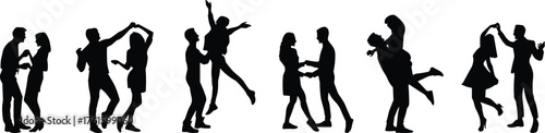 Silhouettes of seven dancing couples in joyful poses representing celebration, movement, romance, and expressive body language for design referenceSilhouettes of seven dancing couples in joyful 