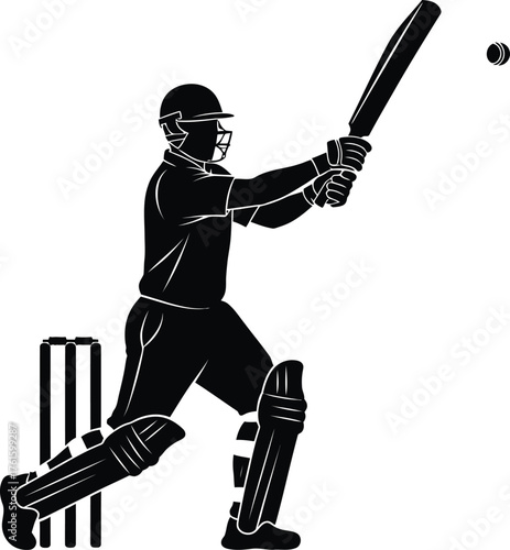Silhouette of a cricket batsman hitting a ball with stumps in background