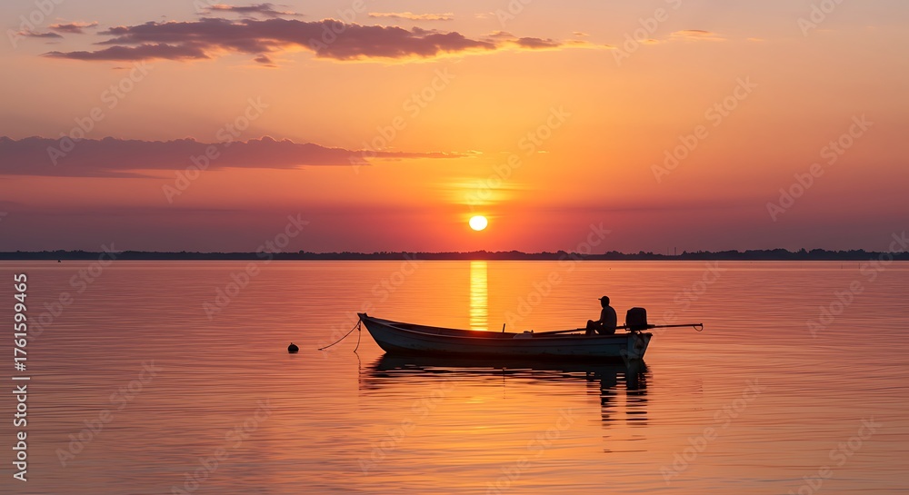 Obraz premium Serene sunset over tranquil waters with a lone boat silhouette.