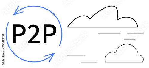 Bold P2P acronym encircled by two arrows, cloud outlines with streamlined lines for airflow. Ideal for networking, communication, data sharing, technology, cloud computing, efficiency, connection