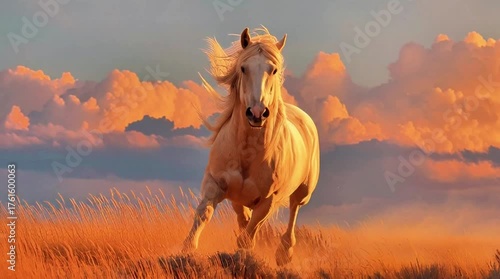 Majestic White Horse Galloping in Vibrant Sunset Sky Landscape