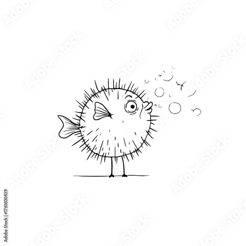 A whimsical drawing of a pufferfish with bubbles and spindly legs standing on a straight line alone isolated