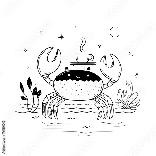 Cartoon crab holding a cup of coffee with sea plants moon and star in a black and white illustration