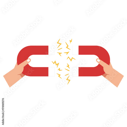 Flat Illustration Two Hands Holding Horseshoe Magnet with Attraction Force