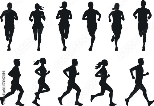 Silhouettes of ten people running in various postures, front and side views, showcasing athletic motion, fitness, and sports design reference