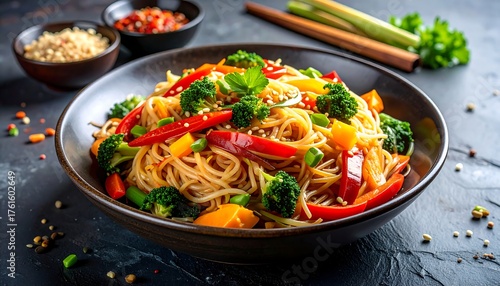 A vibrant noodle dish with colorful vegetables and sesame seeds