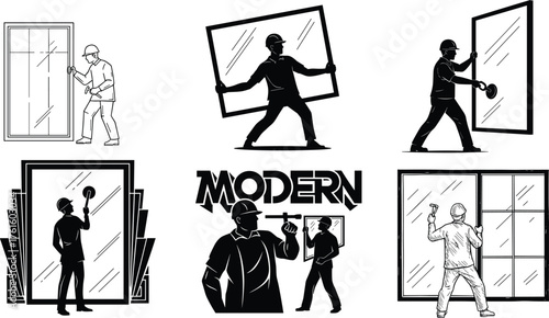 Silhouettes of workers installing and cleaning windows, using suction tools, measuring frames, handling glass panes, modern construction maintenance illustration