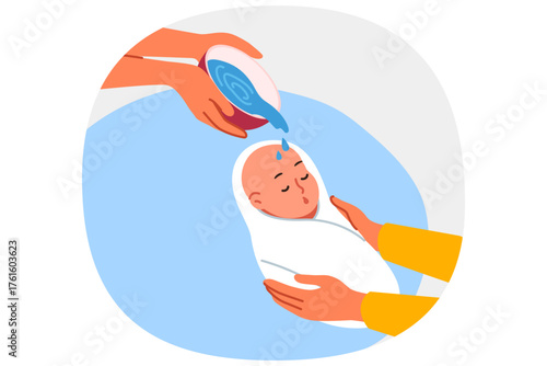 Ritual of baptism for infant in christian religion, and use holy water in church, to protect child from evil forces. Hands watering baby from bowl during baptism and choosing godmother and godfather