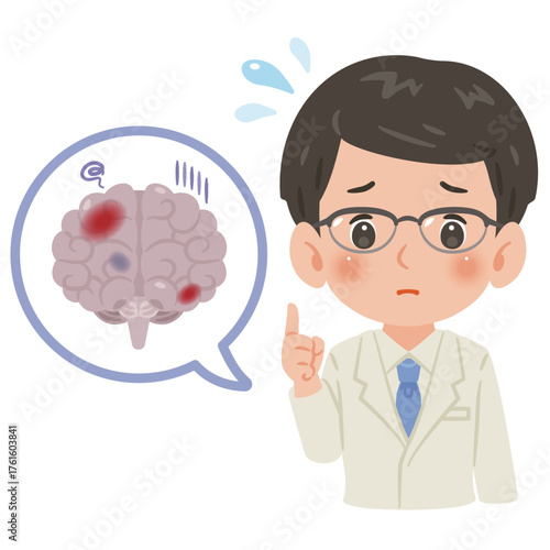 不健康な脳と白衣を着た男性医師　上半身イラスト／Unhealthy Brain with Male Doctor in White Coat　upper body illustration