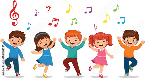 Cartoon children dancing joyfully with colorful musical notes, expressing happiness, movement, and playful energy on a white background