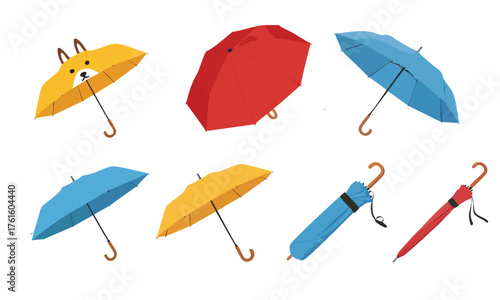 Collection of Colorful Open and Closed Umbrellas, Vector Set of Rain Umbrellas Including Fox Design, Red, Yellow, and Blue Umbrellas Icons, Assorted Open and Folded Rain Gear, umbrella, illustration,.