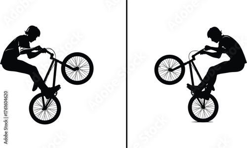 Silhouette illustration of BMX stunt riders performing wheelie tricks on bicycles, extreme freestyle cycling vector design for sports posters and apparel.