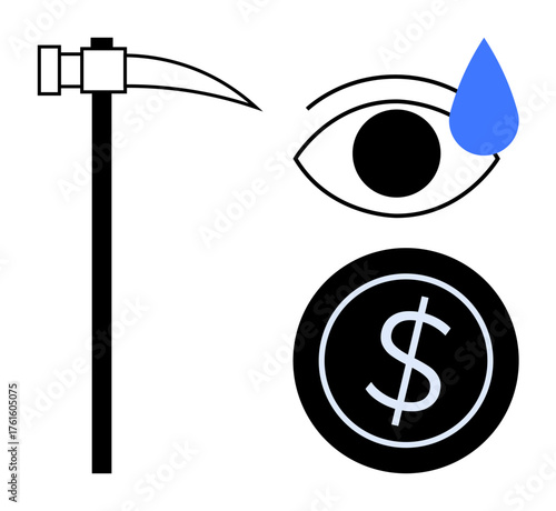 Pickaxe, crying eye, and dollar coin convey themes of work, emotional burden, and financial struggle. Ideal for labor, economy, hardship perseverance growth sacrifice success. Simple flat