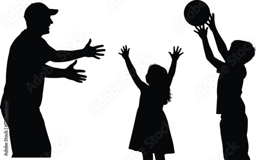 Silhouette of Adult and Children Playing with Ball Together, Family Activity, Physical Exercise, Outdoor Fun, Teamwork, Coordination, Social Interaction