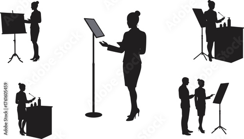 Silhouette of businesswoman giving presentation, office meeting speaker with chart board, corporate training and teamwork discussion vector illustration design