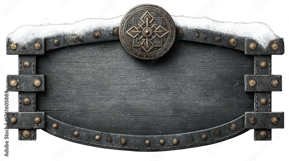Naklejka premium Ornate medieval wood and metal sign with snow