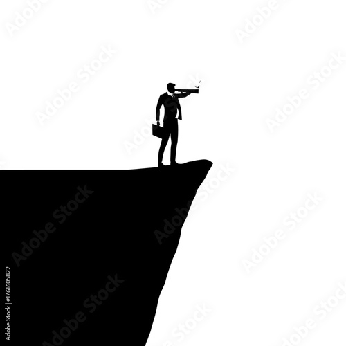 Silhouette of a businessman standing on a cliff, looking through a telescope.
