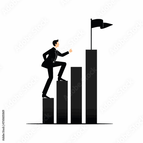 A businessman is climbing a bar graph towards a flag on the highest bar, symbolizing success and achievement.