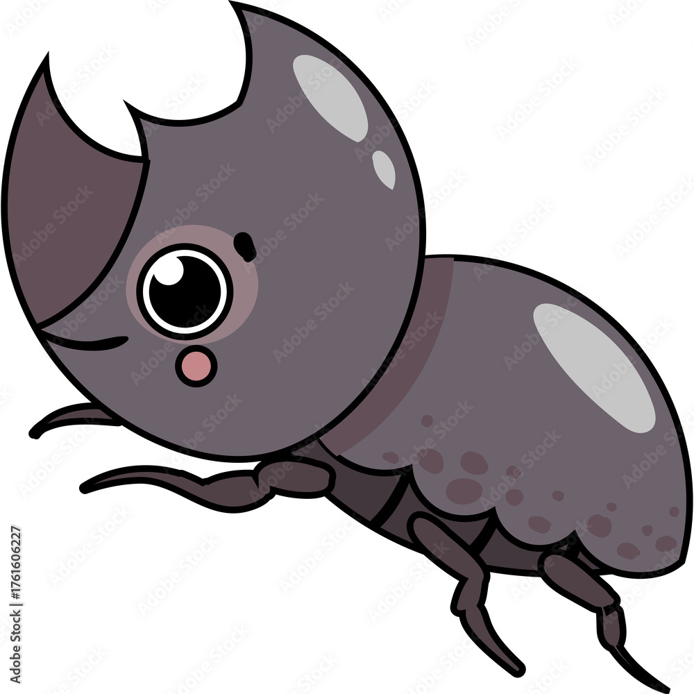 Naklejka premium Cartoon Rhinoceros Beetle Character with Big Eyes and Horns in a Cute Style on a Transparent Background