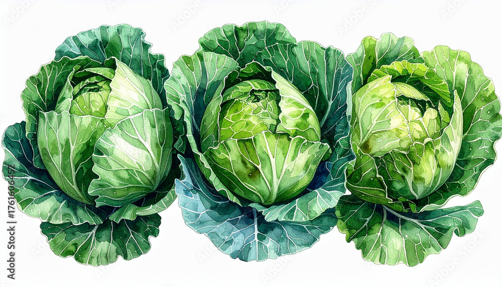 Fototapeta premium Three Fresh Green Cabbages Displayed Watercolor Style Food Vegetable Healthy Organic isolated on white background.