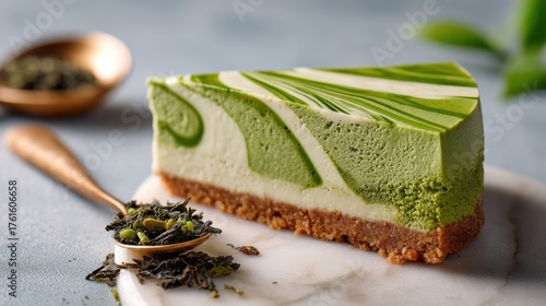 Authentic wholesome premium nobake matcha cheesecake with cookie base and vibrant green swirl topping; timeless wellness dessert for successful commercial marketing content.