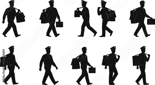 Silhouette set of vintage postman walking with mailbags and letters, retro postal worker carrying envelopes and packages vector illustration design.