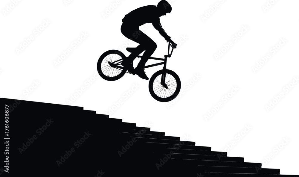 Fototapeta premium Silhouette vector illustration of BMX cyclist performing daring jump over stairs, extreme sports trick action, urban freestyle stunt competition design