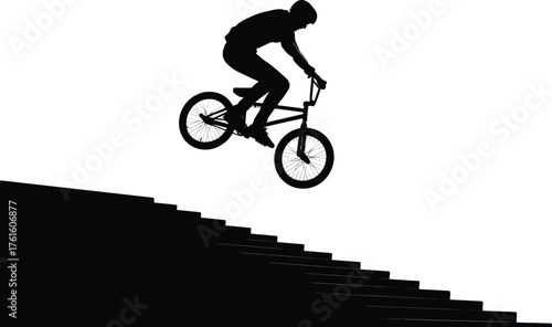 Silhouette vector illustration of BMX cyclist performing daring jump over stairs, extreme sports trick action, urban freestyle stunt competition design