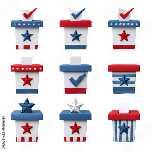 Patriotic ballot boxes collection isolated on transparent background