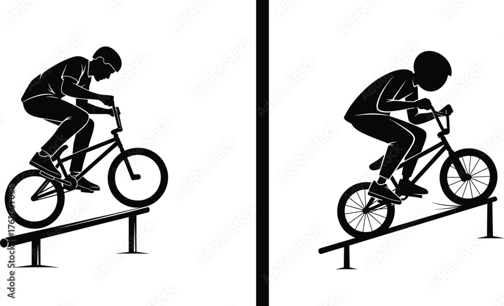 Fototapeta premium Silhouette vector illustration of BMX riders performing stunts and tricks on rail bars showcasing action extreme cycling sport adventure style.