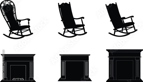Silhouette vector illustration of classic fireplaces and vintage rocking chairs, elegant black furniture design for cozy traditional home interior decoration