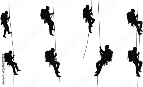 Silhouette vector illustration of climbers rappelling on ropes with backpacks, adventure extreme sport training, outdoor exploration, hiking, mountaineering activity design