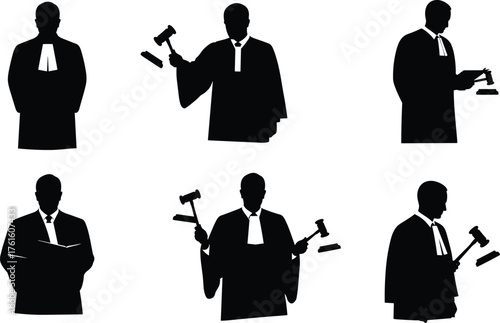 Silhouette vector illustration of judge holding gavel in courtroom, legal justice authority figure, lawyer decision making law enforcement design element.