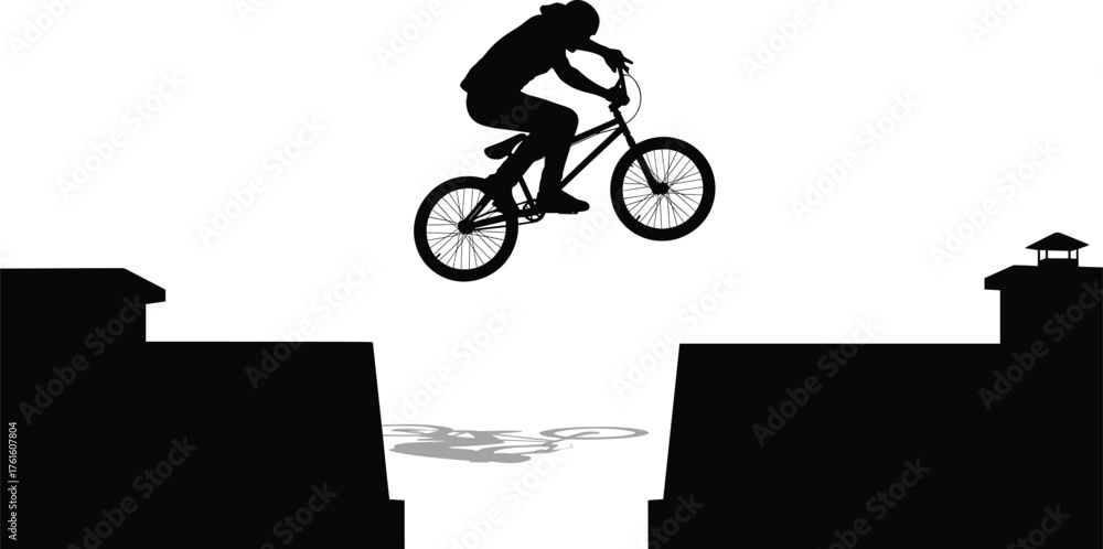 Naklejka premium Silhouette vector of BMX cyclist performing dangerous extreme jump across gap between two buildings showcasing freestyle stunt action urban sport adventure.