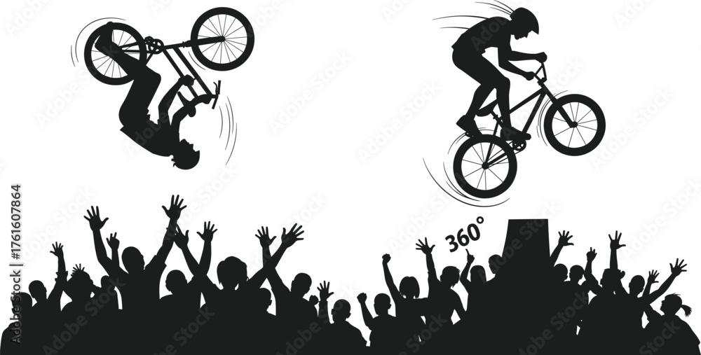 Fototapeta premium Silhouette vector of BMX cyclists performing backflip and 360-degree tricks in freestyle competition with cheering crowd audience, extreme action sport illustration.
