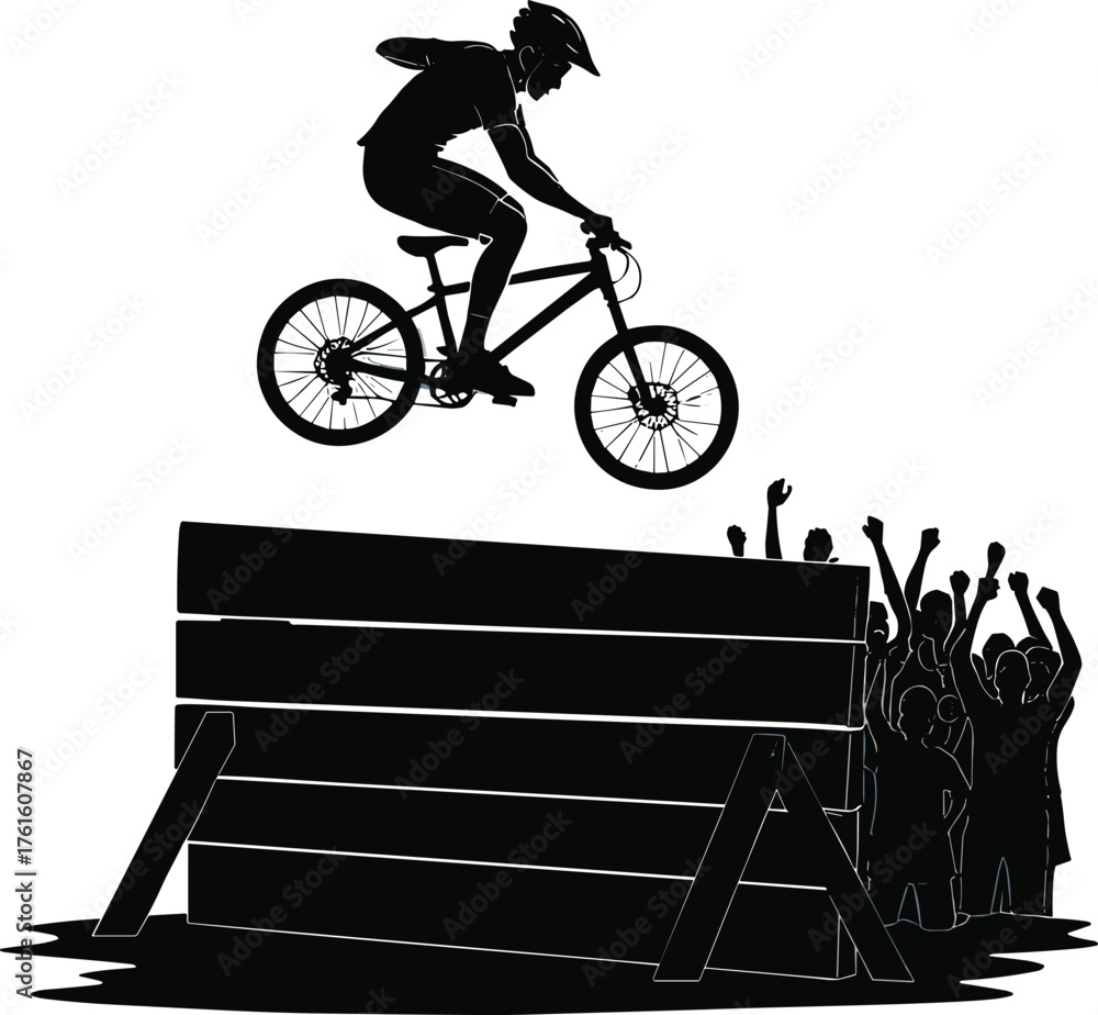 Fototapeta premium Silhouette vector of BMX cyclist performing extreme jump stunt over barrier with cheering crowd, action sport illustration for competition, challenge, and entertainment design.