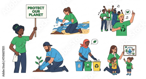 Illustrations depicting various environmental conservation activities and awareness advocacy scenes