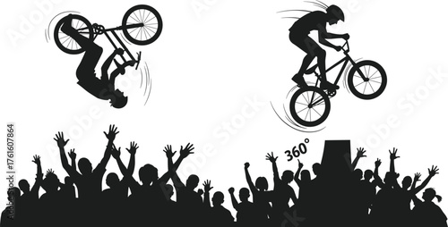 Silhouette vector of BMX cyclists performing backflip and 360-degree tricks in freestyle competition with cheering crowd audience, extreme action sport illustration.