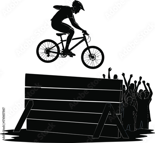 Silhouette vector of BMX cyclist performing extreme jump stunt over barrier with cheering crowd, action sport illustration for competition, challenge, and entertainment design.