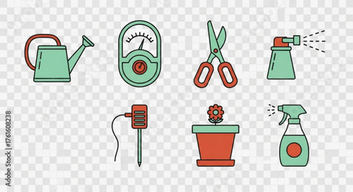Illustration of gardening tools including watering can, soil meter, scissors and spray bottles aligned