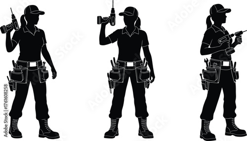 Silhouette vector of female worker with drill, tools, and tool belt, standing poses for labor and construction themes