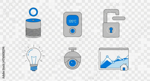 Illustration of smart home devices including a speaker, thermostat, lock, and security camera shown