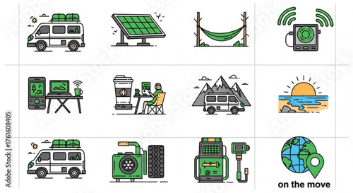 Illustrations depicting van life, solar power, relaxation, connectivity, and sustainable living concepts