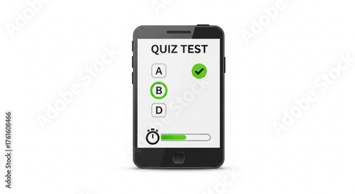 Smartphone displaying a quiz test with options a b and d and a green checkmark indicating correct answer