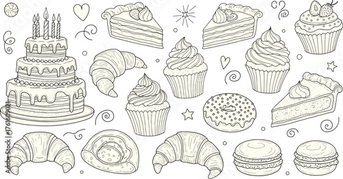 Black and white dessert vector illustration with cake, cupcakes, donuts, macarons, croissants — bakery sweets for menu and design use